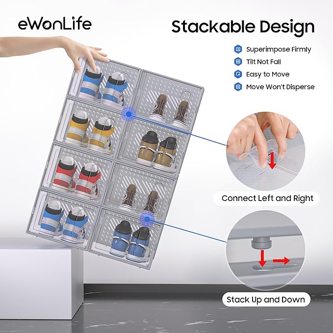 eWonLife Large Shoe Organizer Storage Box with Magnetic Door,12 Pack Clear Plastic Stackable Sneaker Containers for Closet, Connect Left and Right Shoe Box for Entryway, Drop Front, Under Bed (Grey)