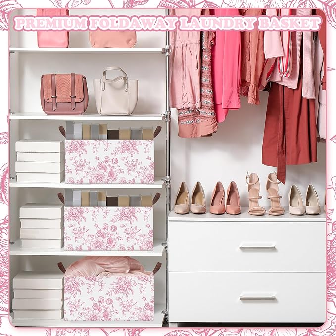 Boao 3 Pcs Pink Floral Foldable Storage Baskets Pink Hydrangea Laundry Basket with Handles Waterproof Storage Bins Fabric Shelf Baskets for Organizing Closet Clothes