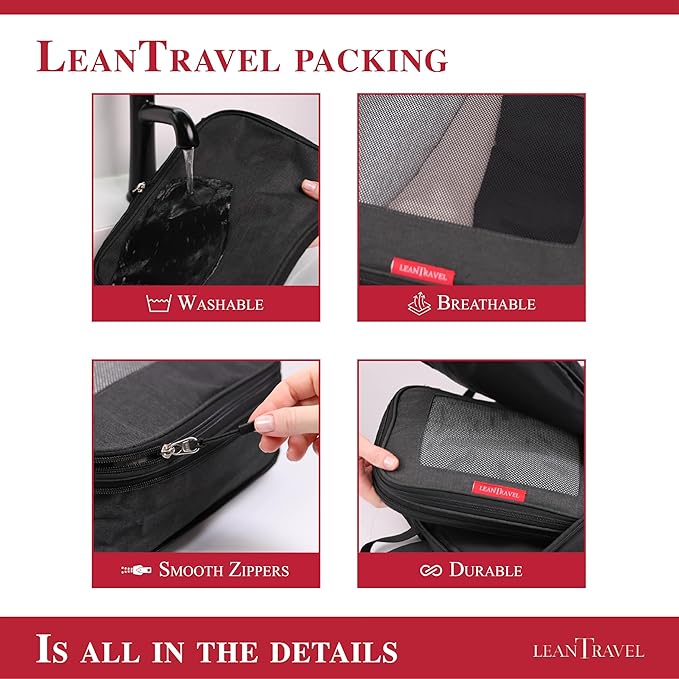 LeanTravel Compression Packing Cubes for Travel Organizers with Double Zipper 4 pack - Black Color