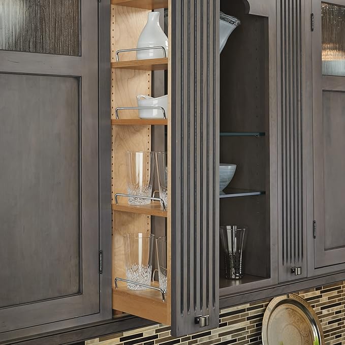 Rev-A-Shelf 6" W x 42" H Pull Out Quad Shelf Organizer for Wall & Base Kitchen Cabinets, Full Extension Filler Spice Rack, Adjustable, Wood, 432-WF42-6C