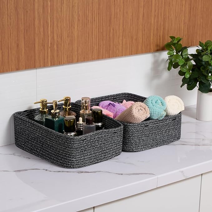 Large Shallow Organizing Baskets 15x11x5.1 Inches - Rope Woven Storage Bins for Bathroom, Shelves, Cube Closet, Mixed Black 3 Packs
