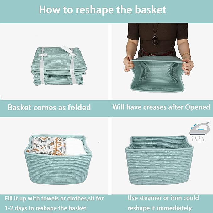 Cotton Rope storage Basket Bins Woven Basket for Organizing Shelves 15X10X9.3" Rectangle Decorative Baskets For storage Clothes Toys Books Towels Nursery basket organizer 3 pack Green