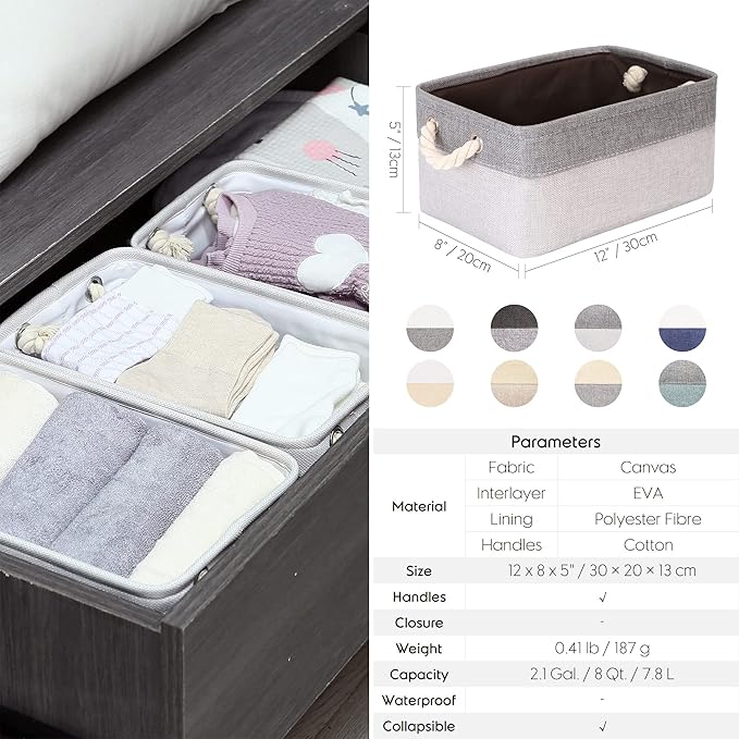 Sea Team 3-Pack Small Storage Basket Set, Storage Cube Organizer, Storage Bins, 12 x 8 x 5 Inches, Rectangle Canvas Fabric Collapsible Shelf Box with Handles for Kids Room (Tan/Beige)