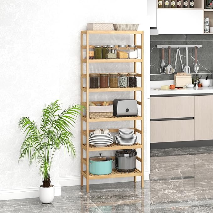Bamboo Rack, Adjustable Bamboo Shelf, Stand Utility Storage Shelf Multifunctional Bathroom Kitchen Living Room Holder Plant Flower Stand (6-Tier)