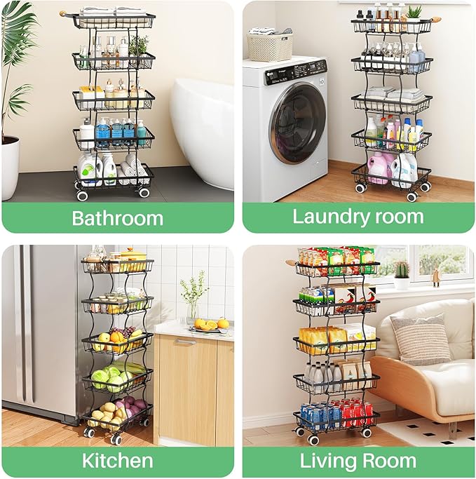 SAYZH Fruit Basket Kitchen Pantry Organizers and Storage - 5 Tier Stackable Metal Wire Basket Stand for Fruit Vegetable Snacks Jars Bins Containers Organization, Black