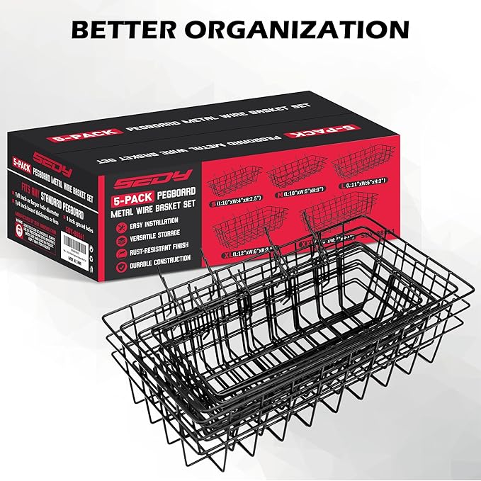 5-Piece Pegboard Baskets Set - Heavy Duty Peg Board Organizer Accessories Bin Set, Premium Black Metal Wire Baskets Tool Shelves, Wall Mount Storage for Garage Workshop Craft Room