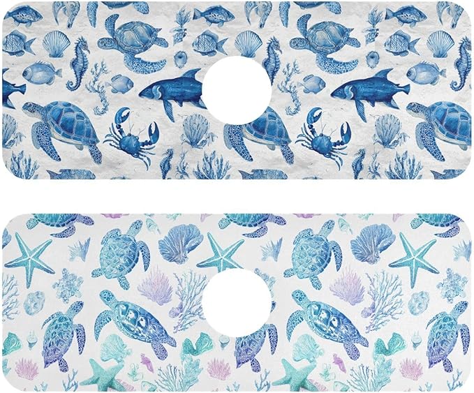 Blue Turtles Fish Crabs Seahorse Starfish Coral Kitchen Sink Splash Guard Sink Faucet Mat Faucet Handle Drip Catcher Drain Mats for Kitchen Bathroom Countertop Absorbent