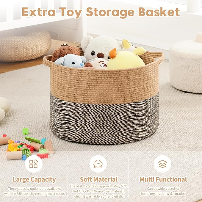 Foldable Laundry Hamper Basket with Collapsible Handle Cotton Rope Soft Woven Fabric Storage Organizer Clothes Toys Nursery Bedroom Dorm Space Saving Bin (Camel & Mix Camel, 115L(23.6"D x 15.7"H))