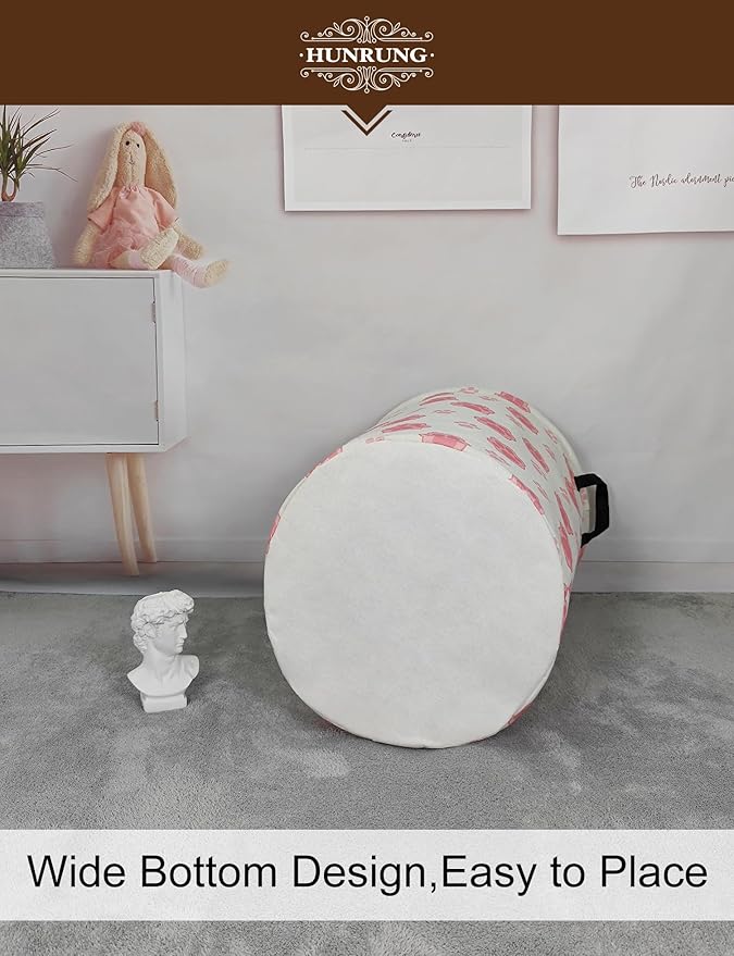 HUNRUNG Laundry Hamper,Large Canvas Fabric Lightweight Storage Basket Toy Organizer Dirty Clothes Collapsible Waterproof for College Dorms（Round-Pink Paw）