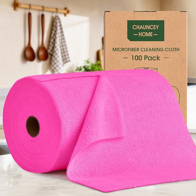 CHAUNCEY HOME Microfiber Cleaning Cloth Roll - 100 Pack Tear Away Microfiber Paper Towels, Reusable, Washable, Scratch-Free, Kitchen Towels for Car, Home, Kitchen, Glass, Dishes (Hot Pink)