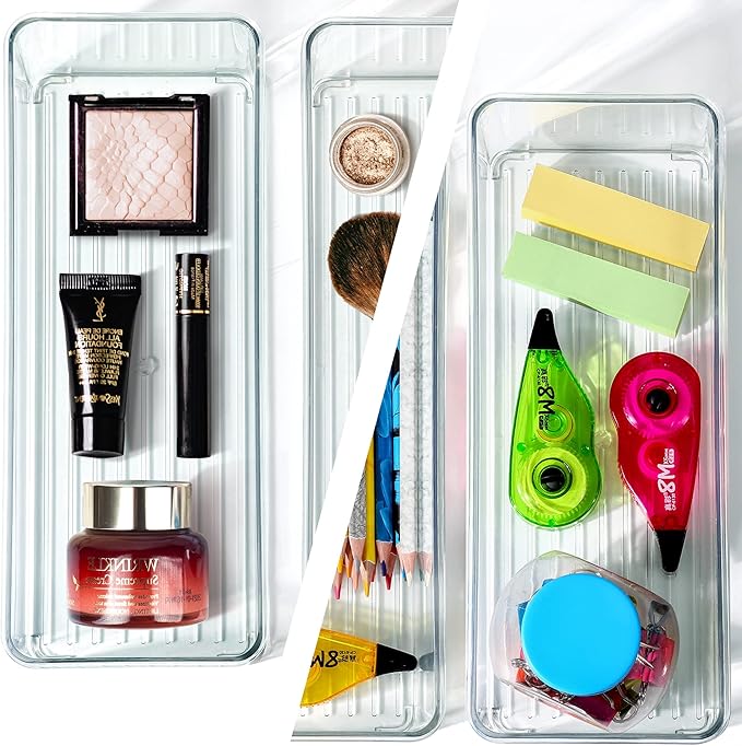 Clear Drawer Organizer Bins 8 Pack Stackable Storage Bins for Cutlery Vanity Bathroom Deep Drawer Organizer Tray for Kitchen Cabinet Closet Counter Refrigerator Organization and Storage