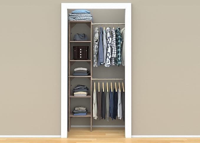 ClosetMaid SuiteSymphony Wood Closet Organizer Starter Kit with Tower and 3 Hang Rods, Shelves, Adjustable, Fits Spaces 4 – 9 ft. Wide, Natural Gray