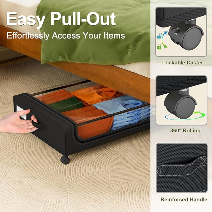 GoMaihe Under Bed Storage with Wheels: 48L Underbed Storage Containers with Clear Lids - Rolling Drawers & Bins for Shoes Clothes in Dorm Bedroom - Space-Saving Easy Pull-out Black 4-Pack