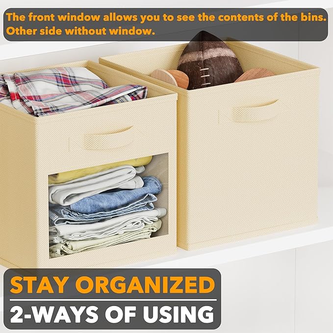 SpaceAid Storage Cubes with Clear Windows, Set of 6 Fabric Bins, 11 Inch Foldable Baskets Boxes for Closet, Cubby Shelf or Cube Storage Organizer, Beige