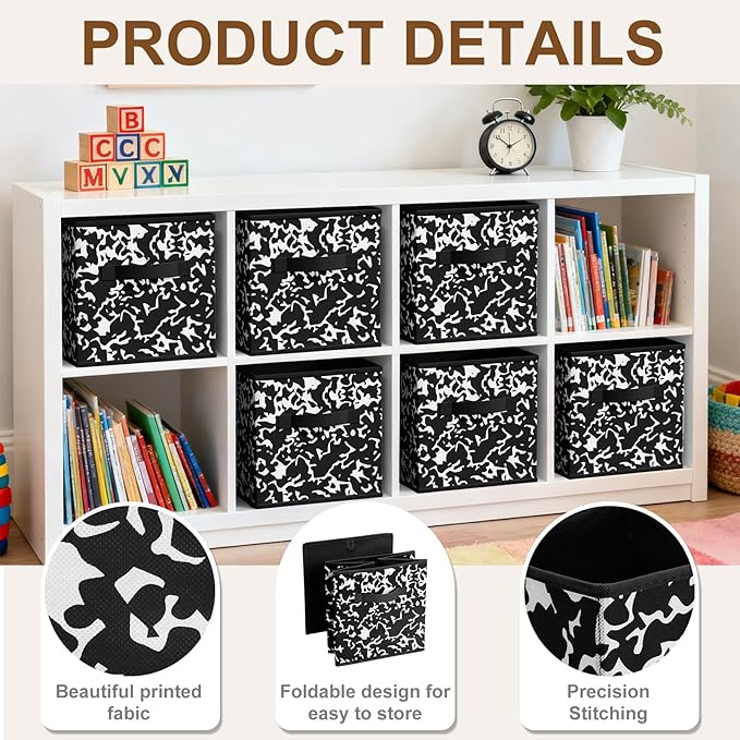 LemonRoad 6 Fabric Storage Cubes 11 Inch Foldable Marble Storage Bins for Organizing Pantry, Toy Box, Clothes Closet Collapsible Baskets for Shelves School Organizing with Handle(Black, Classic Style)