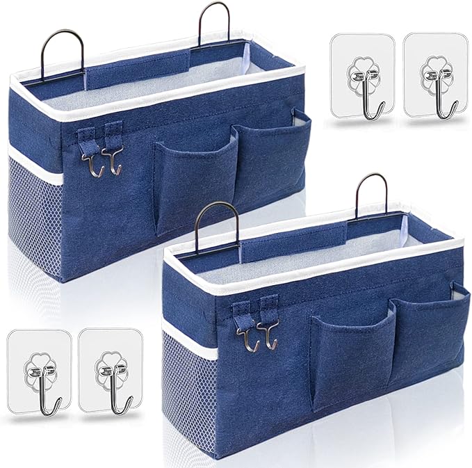 Kanrichu 2pcs Large Wall Hanging Organizer Bag, Linen Fabric Door Hanging Storage Baskets with Pockets, Waterproof Bin for Kitchen, Bedroom, Office, RV Camper (Blue)