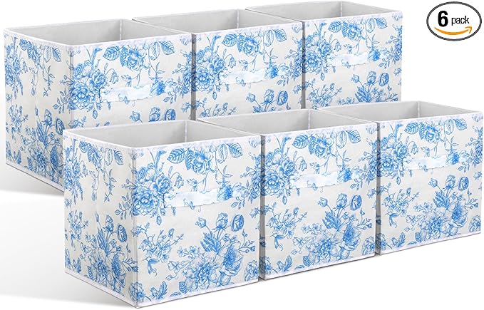 Geelin 6 Pcs Blue Floral Cube Storage Bins 11 Inch Blue Flower Storage Basket with Handle, Preppy Girls Organizer Basket, Collapsible Fabric Box for Classroom Bedrooms Office Home Decoration Gift