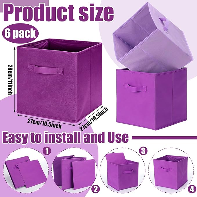 Karenhi 11" x 10.5" x 10.5" Purple Storage Cube, 6 Pack Fabric Cube Storage Bins Organizer Box, Collapsible Baskets with Handles Foldable Shelf for Cloth Toys Home Room Closet, Pack of 6