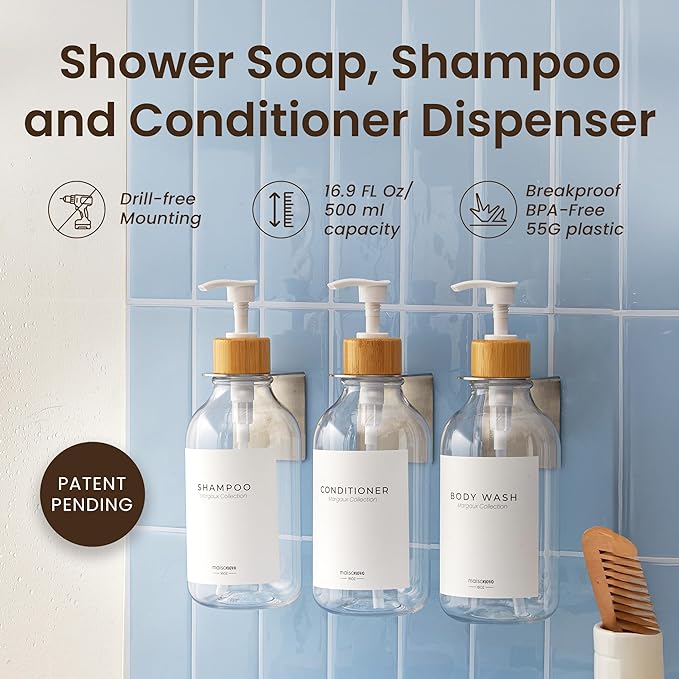 MaisoNovo Shampoo and Conditioner Dispenser - Shower Soap Dispenser Wall Mounted - 16.9 fl oz Set of 3 Clear Plastic Bottles White Bamboo Pump - Shampoo Dispenser, Shower Dispenser 3 Chamber No Drill