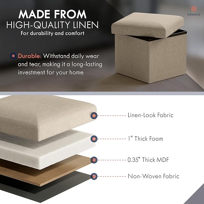 Ornavo Home Small Storage Ottoman, Set of 2 Foldable Collapsible Cube Square Linen Ottoman Foot Rest Stool Seat, for Living Room, Bedroom, Home Office, Dorm - 12 x 12 x 12, Taupe