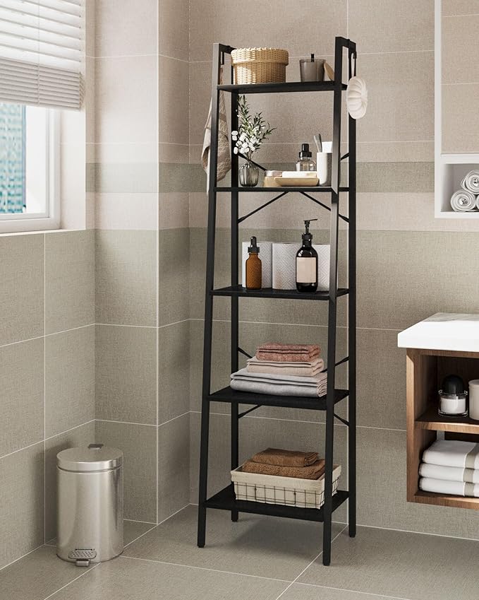 Ladder Shelf, Bookshelf Bookcase, Freestanding Corner Storage Shelve with 2 Hooks for Home Office, Living Room, Kitchen, Bedroom, Industrial, 11.8" D x 17.3" W x 63" H, Black BC19204B