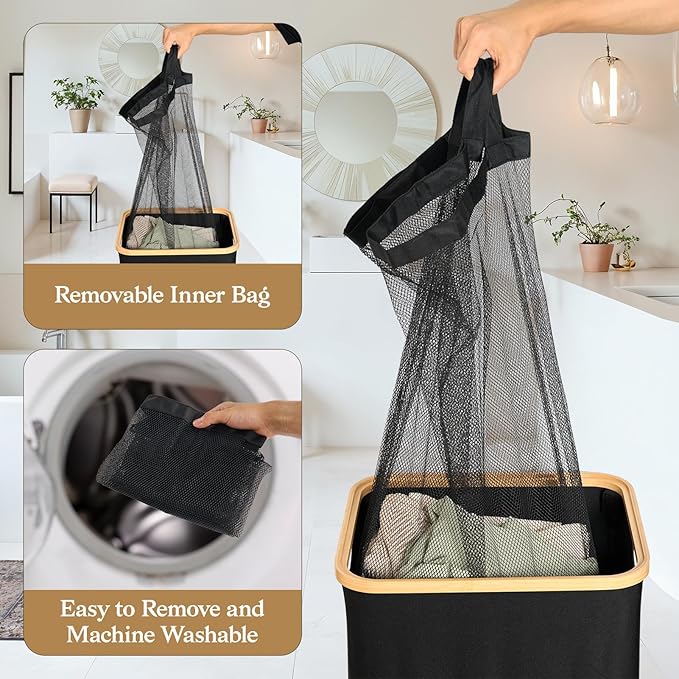 Laundry Baskest with Lid, 100L Large Tall Laundry Hamper with Removable Bag, Collapsible Laundry Hamper for Bedroom, Bathroom, Dorm, Laundry Room, Black