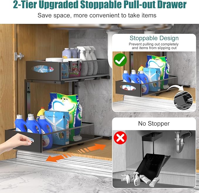 Housolution 1 Pack Under Sink Organizer, 2 Tier Metal Pull Out Under Sink Storage with Sliding Mesh Drawers, Height Adjustable Slide Out Under Sink Organizer for Kitchen Bathroom Cabinet, Black
