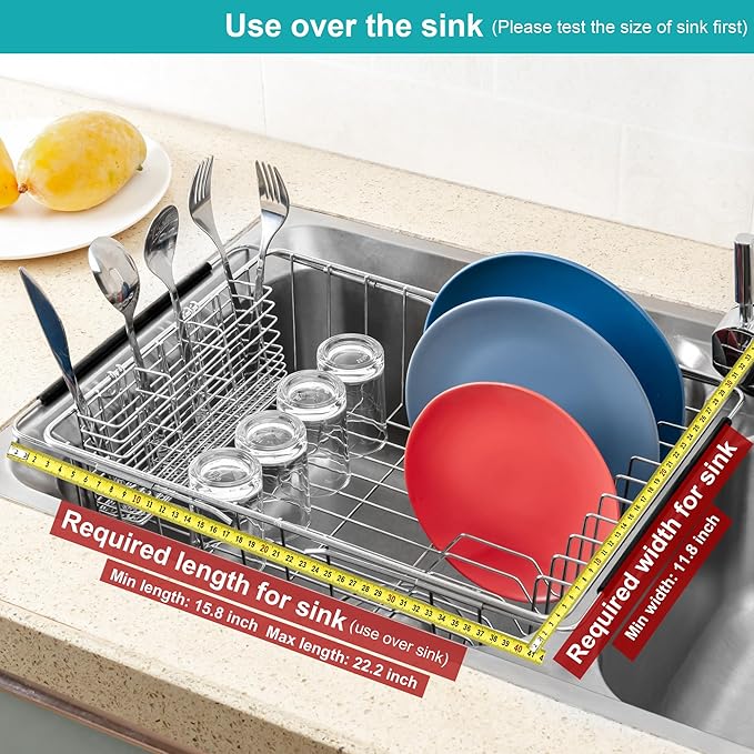 iPEGTOP Expandable Dish Drying Rack Over Sink, Rustproof Stainless Steel Dish Drying Rack Basket Shelf, Multifunctional Dish Drainer Organizer with Utensil Cutlery Holder