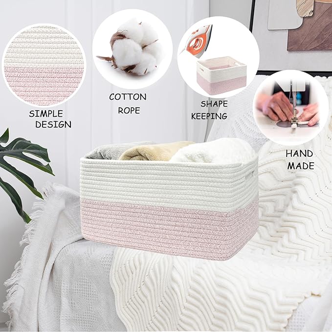 COMFY-HOMI 2 pcs Large Storage Baskets for Shelves, Laundry Basket, Woven Rope Basket, Closet Organizer Bins for Clothes Blanket Towels, Baby Nursery, Gift Toy Baskets, 17” x 13” x 7.5”-White/Pink