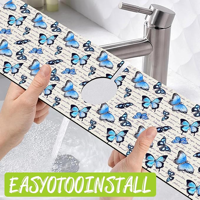 Sink Splash Guard Faucet Mat Watercolor Butterflies Absorbent Fast Drying Mat Sink Gadgets Splash Guard Behind Faucet Drip Catcher for Kitchen Bathroom 23.5"X5.5"
