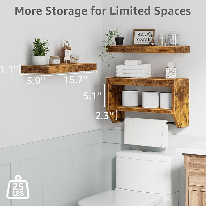 QEEIG Bathroom Floating Shelves for Wall - Shelf Over Toilet Paper Storage Farmhouse 16 inch Set of 3, Rustic Brown (028-40BN3)