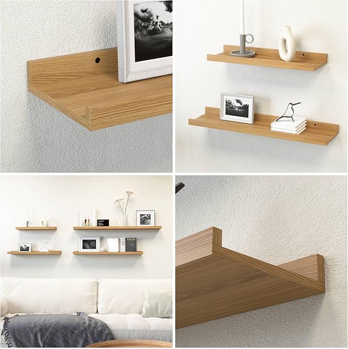 RICHER HOUSE 5 Set Floating Shelves for Wall Decor, Wall Mounted Book Shelf, Nursery Shelves Picture Ledge Shelf with Lip for Storage, Bedroom, Living Room, Bathroom - Oak