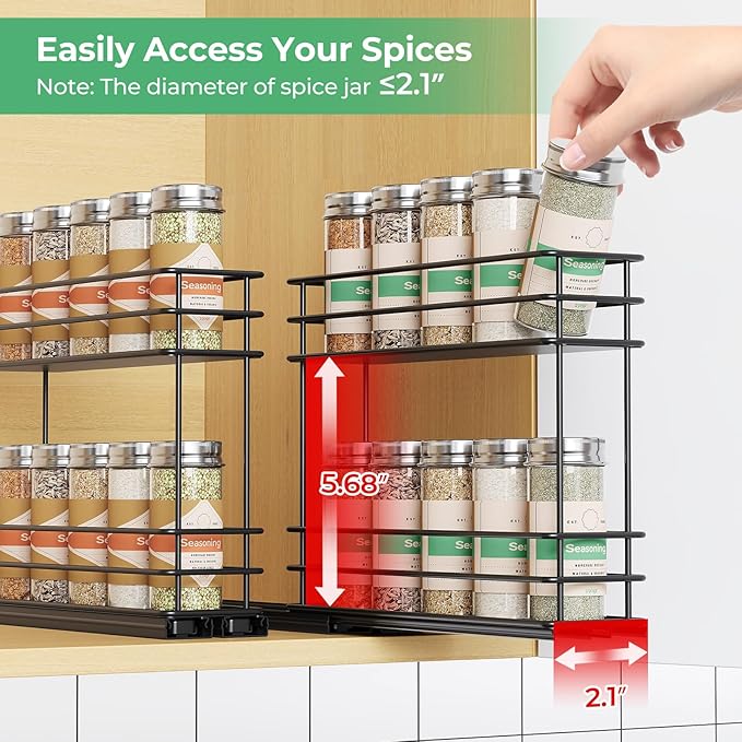 Pull Out Spice Rack Organizer for Cabinet, Slide Out Spice Racks, Easy to Install Spice Cabinet Organizers, 5.2" Wx10.43 Dx8.26 H, 2 Packs 2 Tiers(Black)