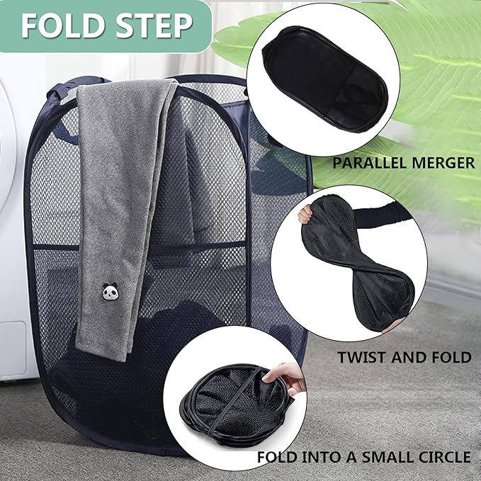 2 Pack Laundry Basket,Foldable Mesh Pop-up Laundry Hamper with Durable Handle,Easy to Open and Fold for Dorm, Laundry Room, Bedroom, RV (Black and blue)