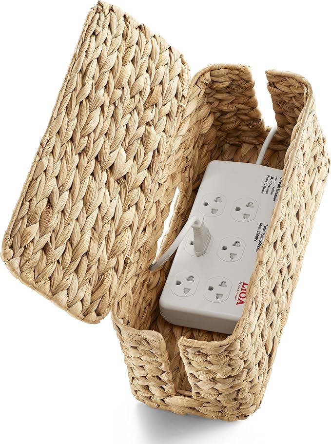 Wicker Cable Management Box with Lid - 15 inch Cable Organizer Box and Power Strip Box for Electrical Cord Management - Desk Cord Hider and Floor Cable Management for Office (Natural Color, 1)