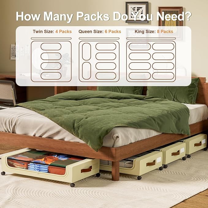 GoMaihe Under Bed Storage with Wheels: 48L Underbed Storage Containers with Lids - Rolling Bins for Shoes Clothes in Dorm Bedroom - Metal Drawers Easy Pull-out Beige 2-Pack