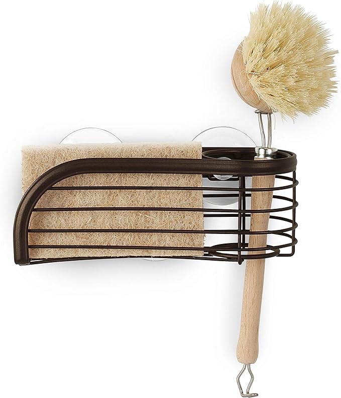 Spectrum Ashley Sink Sponge and Brush Holder with Suction Cups 2 in 1 Sink Caddy Bronze, No Rust Easy Mount Suction Cup Kitchen Sink Sponge and Brush Holder Hanging Wire Cradle Promotes Quick Drying
