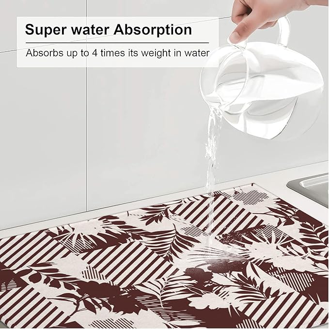 3Pcs Tropical Leaves Dish Drying Mat & Kitchen Sink Splash Guard Faucet Mat For Kitchen Counter Absorbent Microfiber Dishes Pad Dish Drainer Rack Mats Fast Dry Kitchen Accessories