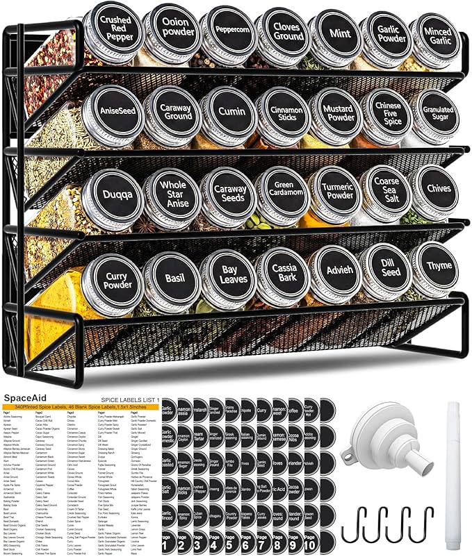 Magnetic Spice Rack Organizer for Refrigerator with 28 Spice Jars, 386 Spice Labels, 4 Hook, Chalk Marker and Funnel Set, Magnetic Shelf for Seasoning Organizer, 13.2'' W x 9.8 H, Black