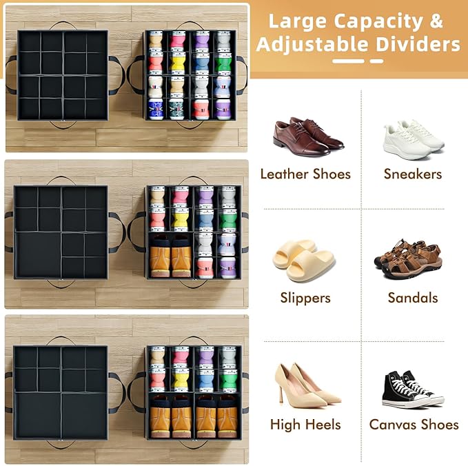 2 Pack Shoe Organizer for Closet, Large Shoe Box Storage Containers, Foldable Shoe Storage Organizer Box Bin with Adjustable Dividers and Clear Cover, Space Saving Shoes Holder, Black
