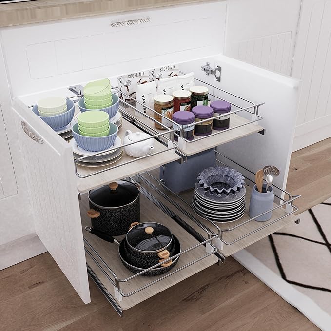 Pull Out Cabinet Organizer 15" W X 22" D, Slide Out Drawers For Kitchen Organizers and Storage, Pull Out Drawers For Cabinets Capacity Heavy Duty Caddy, Cabinet Shelves Wood Chrome, Pantry Storage
