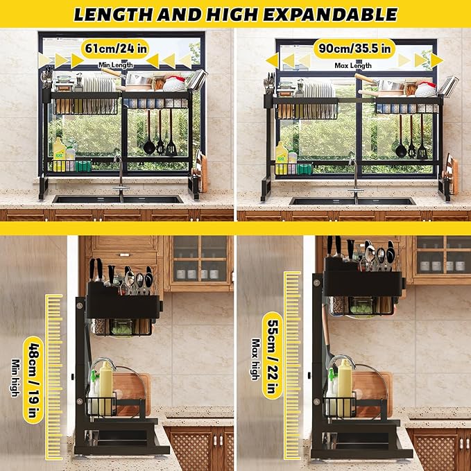 Over Sink Dish Drying Rack (Expandable Height/Length) Snap-On Design Large Dish Drainer Storage Counter Organizer 24" - 35.5"(L) x 12"(W) x 19" - 22"(H)