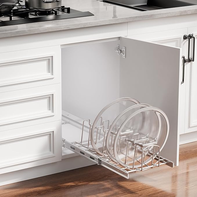 Slide Out Pot Lid Organizer Under Cabinet, Wire Dividers Kitchen Pull Out Pot Lid Storage Rack Holder, Full-Extension Rail 12" W*22" D