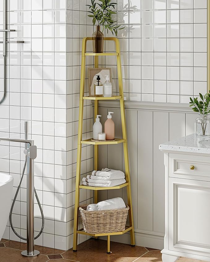 5-Tier Corner Shelf, 59.6” Corner Storage Stand, Floorstanding Dispaly Rack, Tempered Glass Corner Bookshelf, Open Plant Stand, for Living Room, Bedroom, Study, Bathroom, Gold TCJ21GJ