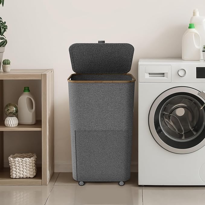 Laundry Basket with Wheels and Handle - 100L Bamboo-Fabric Laundry Hamper with Lid, Front Mesh Pocket, Travel Bag, Sturdy Wheels, Gray