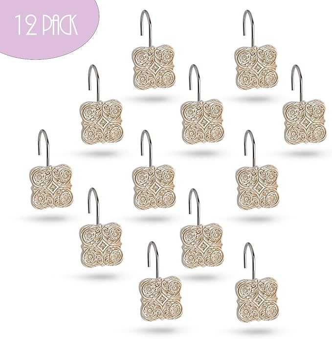 Creative Scents Victoria Beige Shower Curtain Hooks - Set of 12 Shower Curtain Rings for Bathroom Shower Rod - Decorative Shower Hooks for Shower Curtain