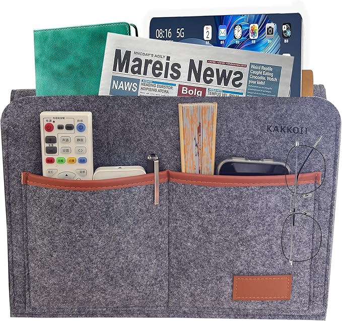 KAKKOII Bedside Caddy, Sofa Caddy, Storage Organizer Pocket for Dorm, Bedroom, 5 Pockets Felt Organizer for Magazine, Remote, Phone, Tablet, Pad, Glasses, Pen, Remote Control (Grey-Short)