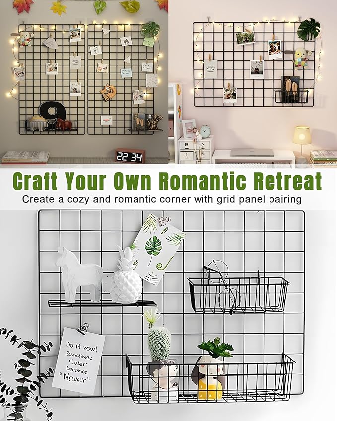 6 Pack Wire Baskets, Black Grid Wall Accessory, Wire Grid Panel Hanging Basket, Display and Storage Wall Basket for Kitchen, Home Decor, Potted Plants