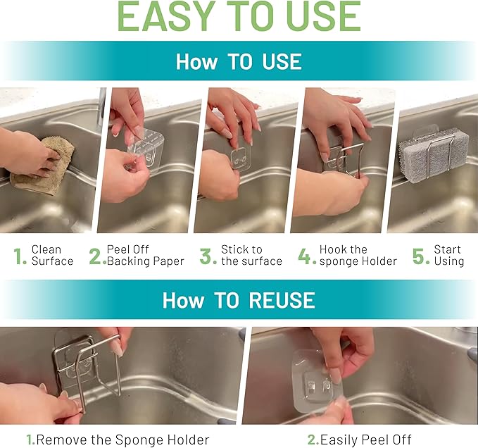 Hook LAB Reusable Sponge Holder for Kitchen Sink & Bathroom Organizer, Mountable Rack for Sponges, Scrubbers, Soaps and Brushes (Silver)