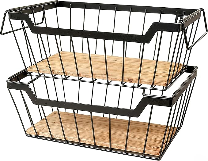 Metal Wire Basket with Handles Storage Organizer Stackable Organizing bins for Cabinet Shelf Countertop Under Sink Pantry for Kitchen,Bathroom,Laundry Closet,Set of 2pcs